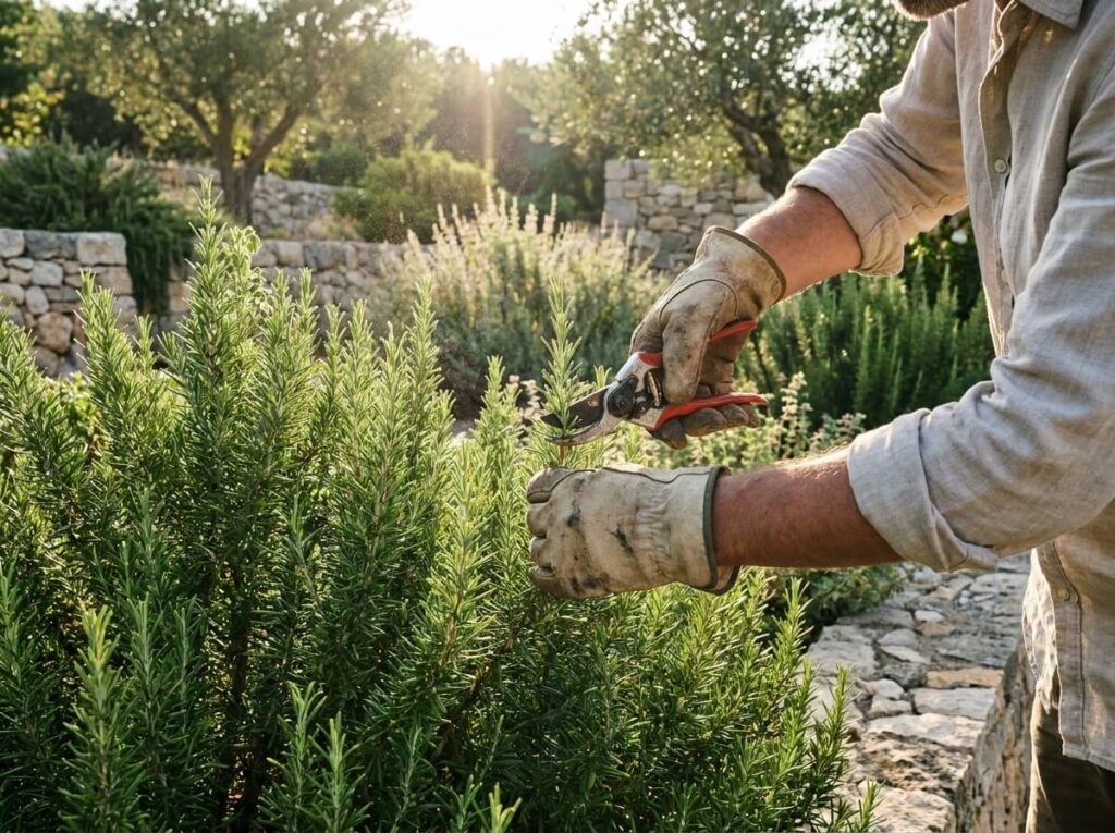 Main taillant au sécateur une pousse tendre de romarin sur un pied buissonnant en plein été