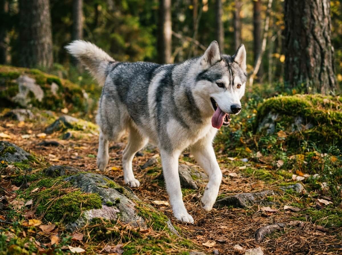 Husky sibérien en mouvement lors d'une promenade en forêt, langue tirée, regard vif et alerte