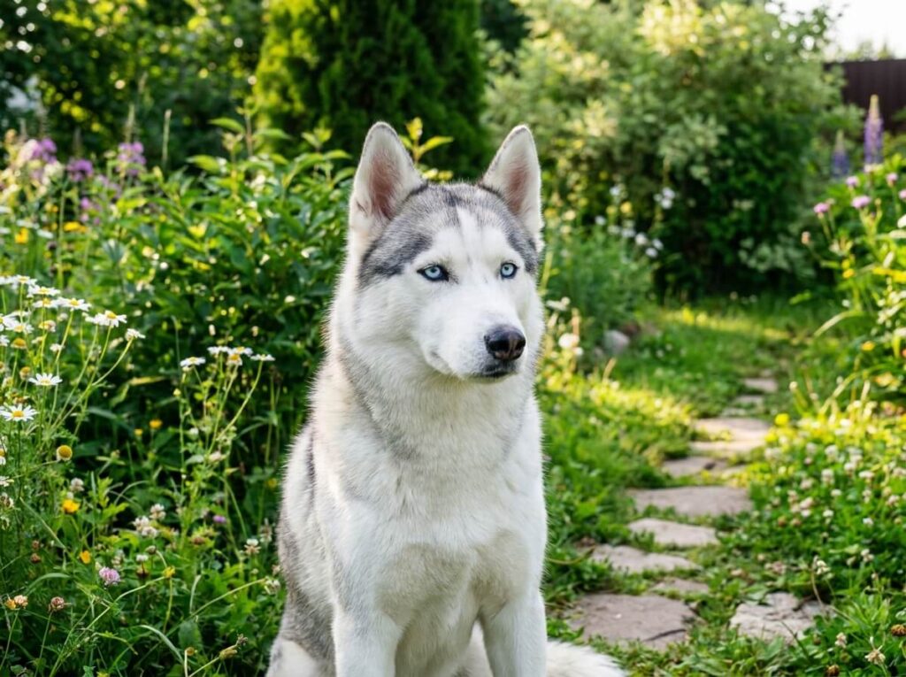 Husky sibérien aux yeux bleus assis dans un jardin verdoyant en été, pelage blanc et gris lumineux