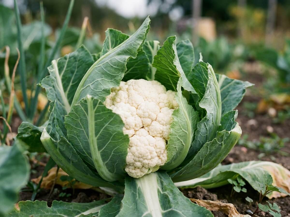 Pomme de chou-fleur blanche et serrée révélée sous les feuilles repliées, gros plan au potager d'été