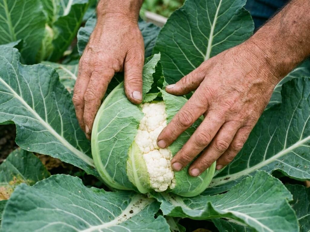 Mains rabattant les grandes feuilles extérieures sur la pomme blanche d'un chou-fleur au potager