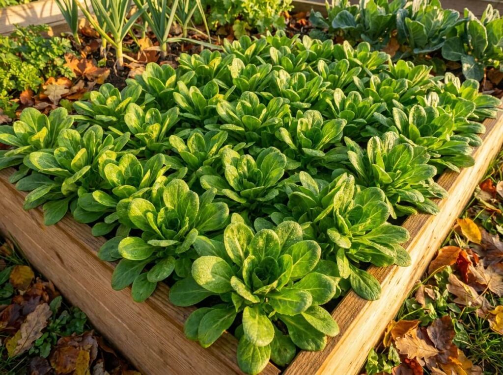 Rosettes de mâche vert tendre serrées dans un carré potager sous la lumière dorée d'automne