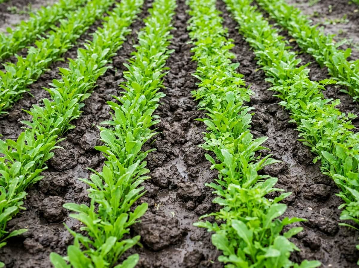 Jeunes plants de roquette et cerfeuil levés en rangs réguliers sur une terre sombre et humide