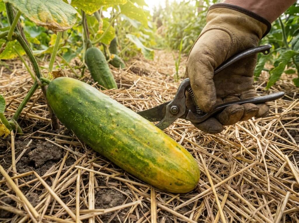 Main de jardinier récoltant un concombre vert au sécateur sur un rang paillé du potager