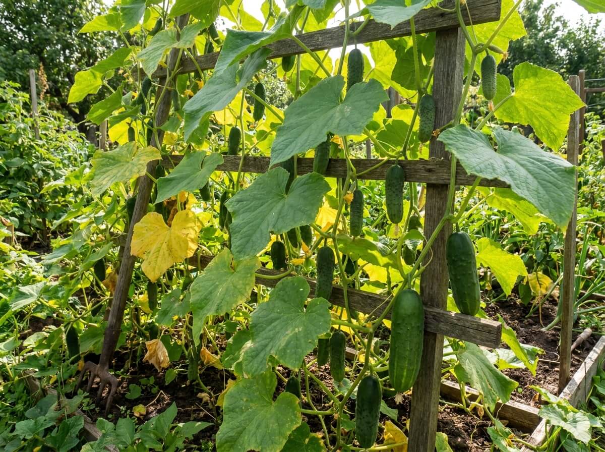 Feuilles de concombre grimpant sur un treillis, plusieurs fruits à différents stades de maturité