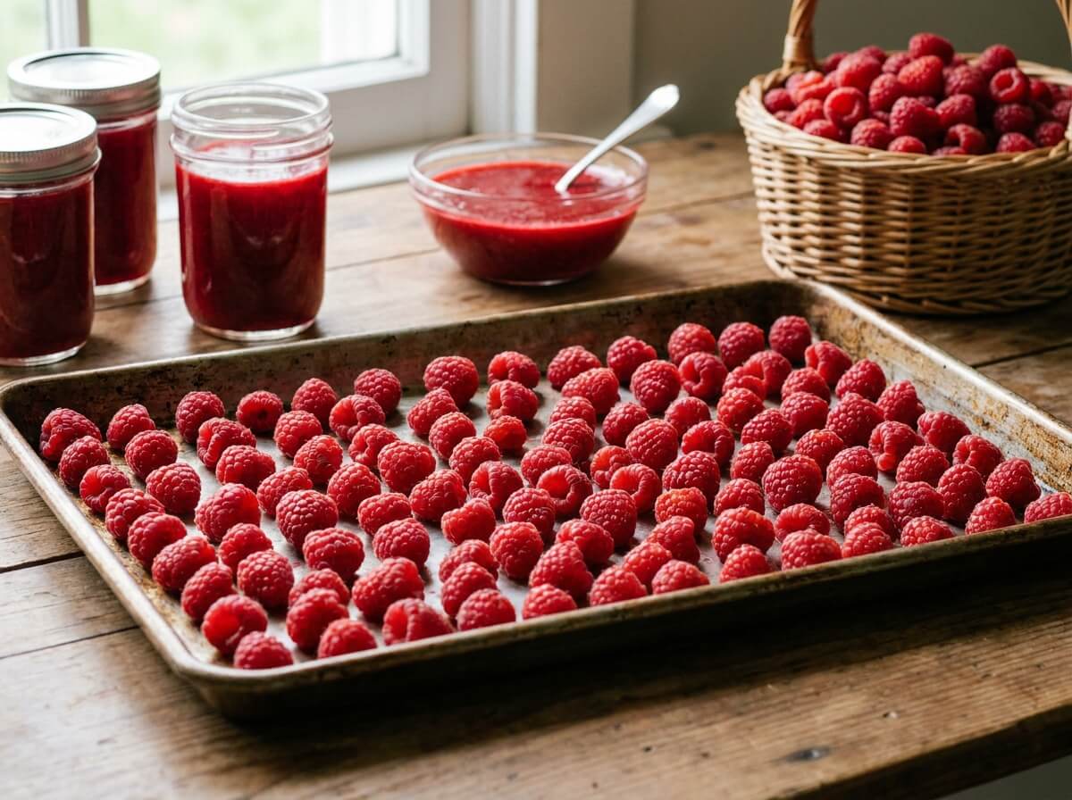 Framboises fraîches étalées sur un plateau avant congélation, coulis et bocaux en arrière-plan