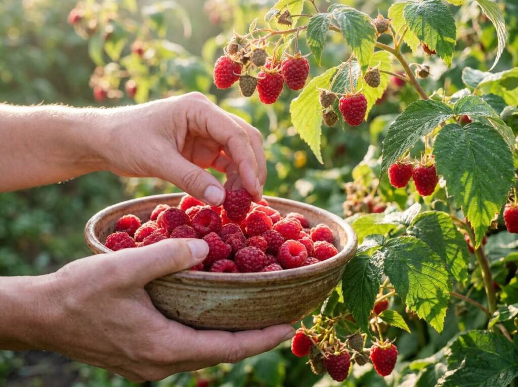 Mains cueillant des framboises rouges éclatantes dans un bol en été, lumière douce du matin
