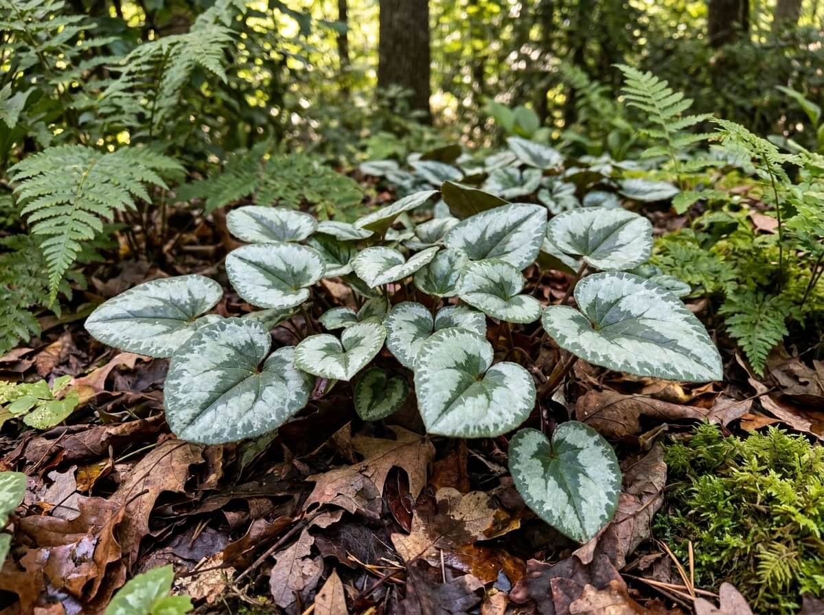 Feuilles marbrées d'argent de cyclamen coum émergeant d'un paillage de feuilles