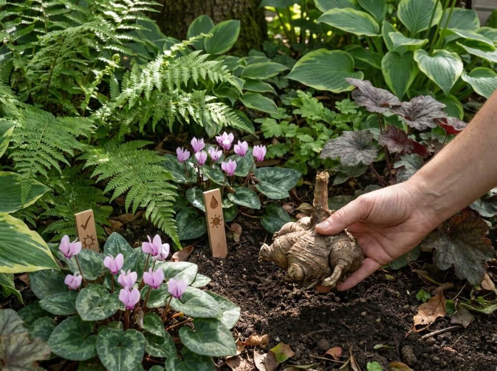 Main plaçant un tubercule sec de cyclamen de Naples dans un massif ombragé en été