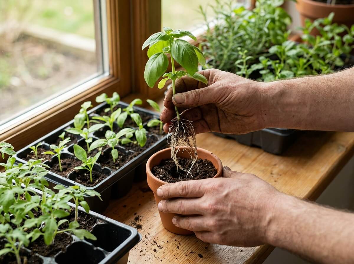 Mains rempotant une jeune bouture de basilic racinée dans un petit pot de terreau