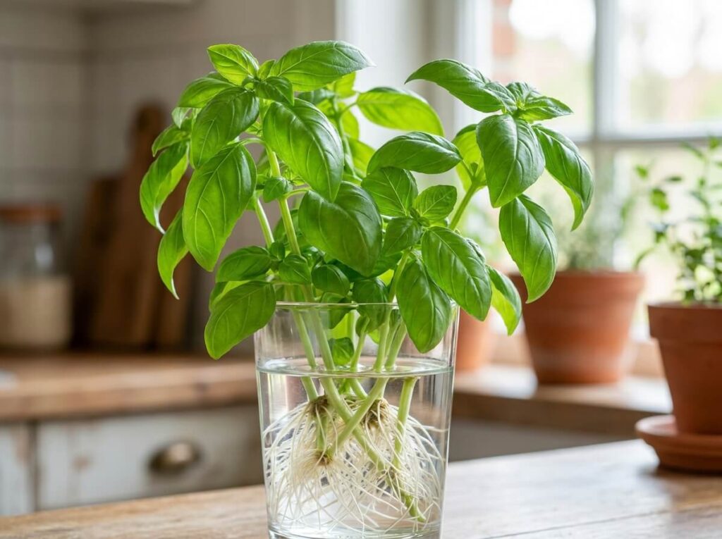 Tiges de basilic vert vif dans un verre d'eau, racines blanches visibles, lumière douce de cuisine