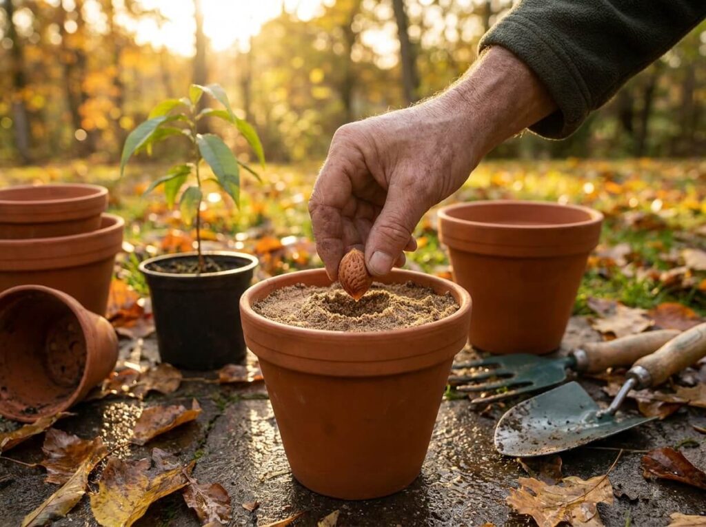 Main déposant un noyau de pêche nettoyé dans un pot de terreau sableux au jardin