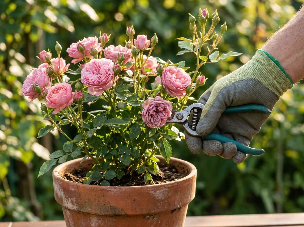 Main gantée coupant une fleur fanée sur un petit rosier en pot, boutons floraux en formation