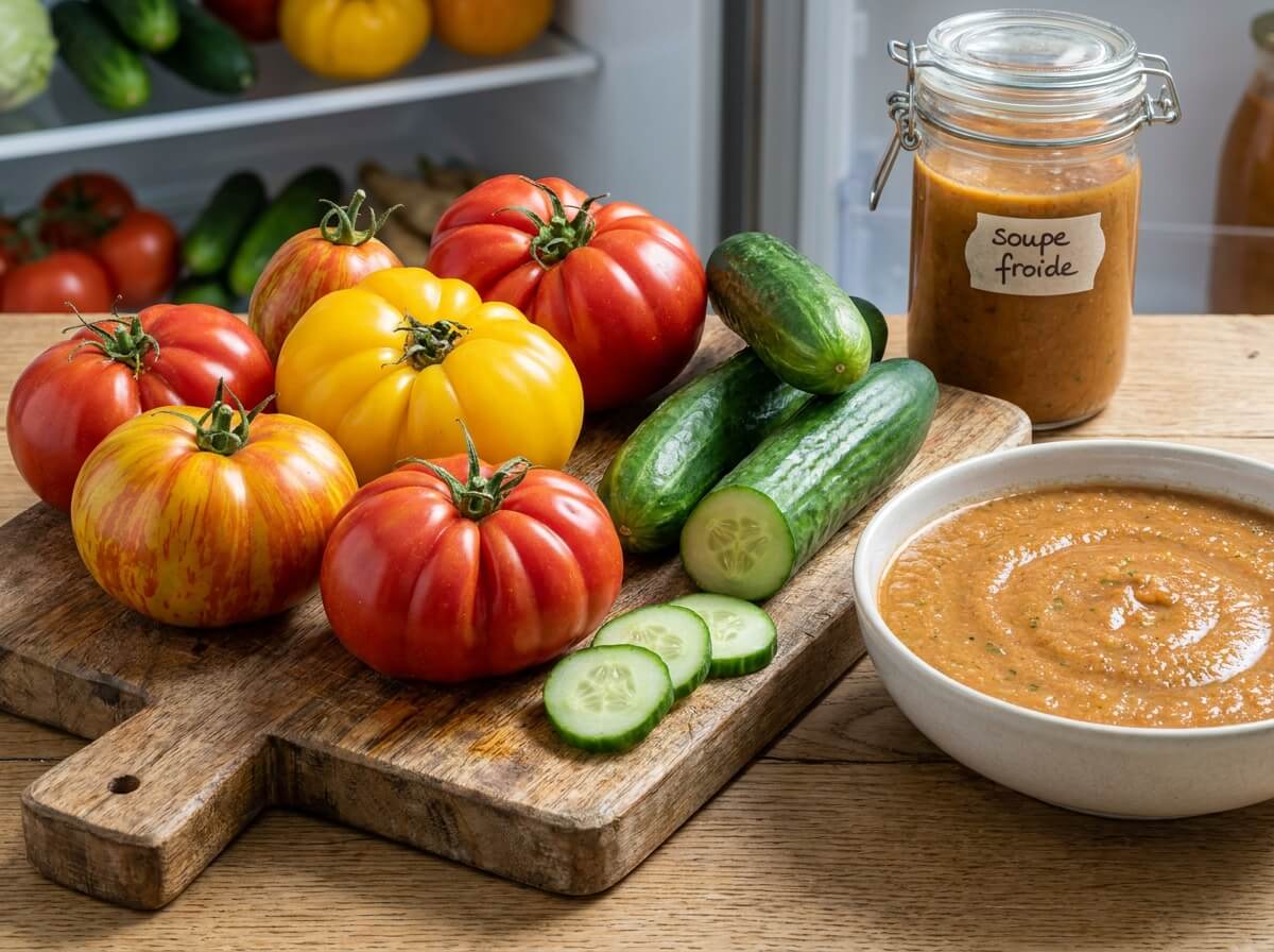 Tomates cœur de bœuf et concombre du potager posés sur une planche en bois avant préparation