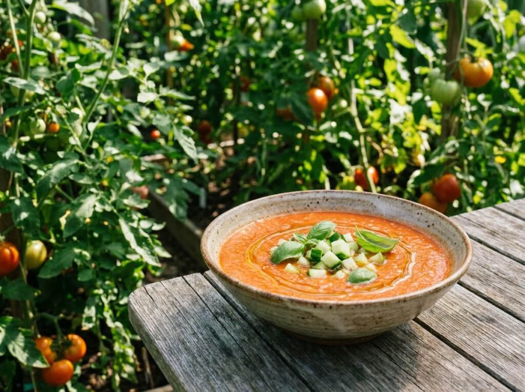 Bol de gaspacho de tomates rouge orangé, filet d'huile d'olive, dés de concombre et basilic frais