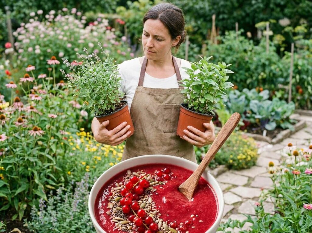 Bol de smoothie rouge épais garni de groseilles fraîches et de graines, cuillère plantée dedans