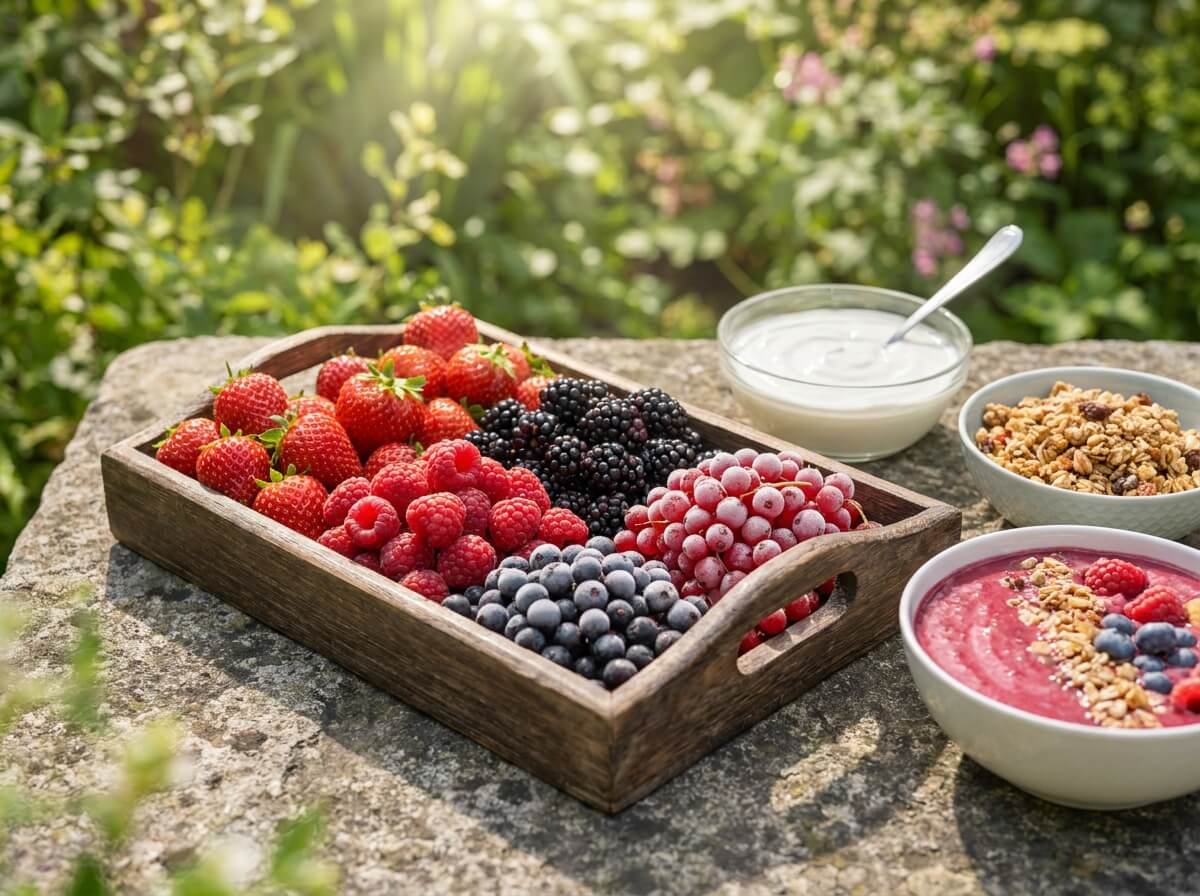 Fruits rouges du jardin étalés sur un plateau avant congélation pour smoothie bowl