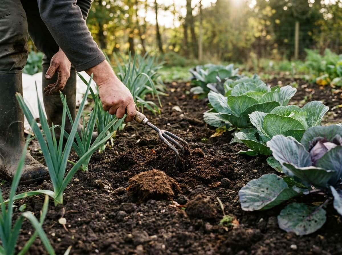 Griffe à main incorporant un amendement organique en surface entre de jeunes poireaux et des choux