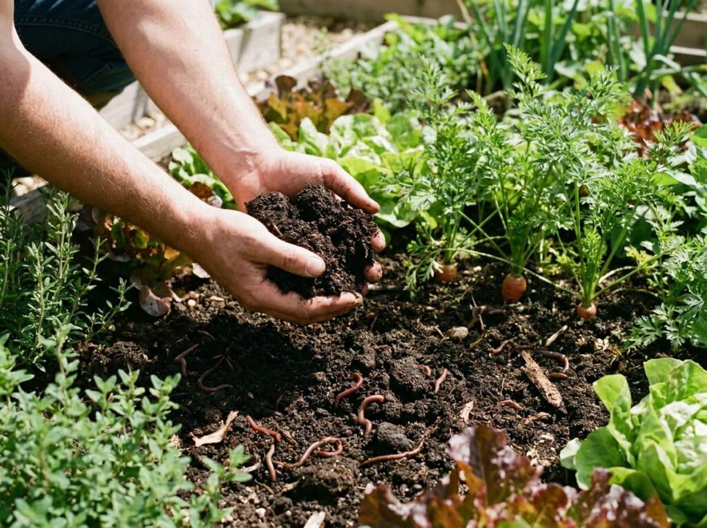 Mains de jardinier épandant du compost sombre et grumeleux sur une planche de potager ensoleillée