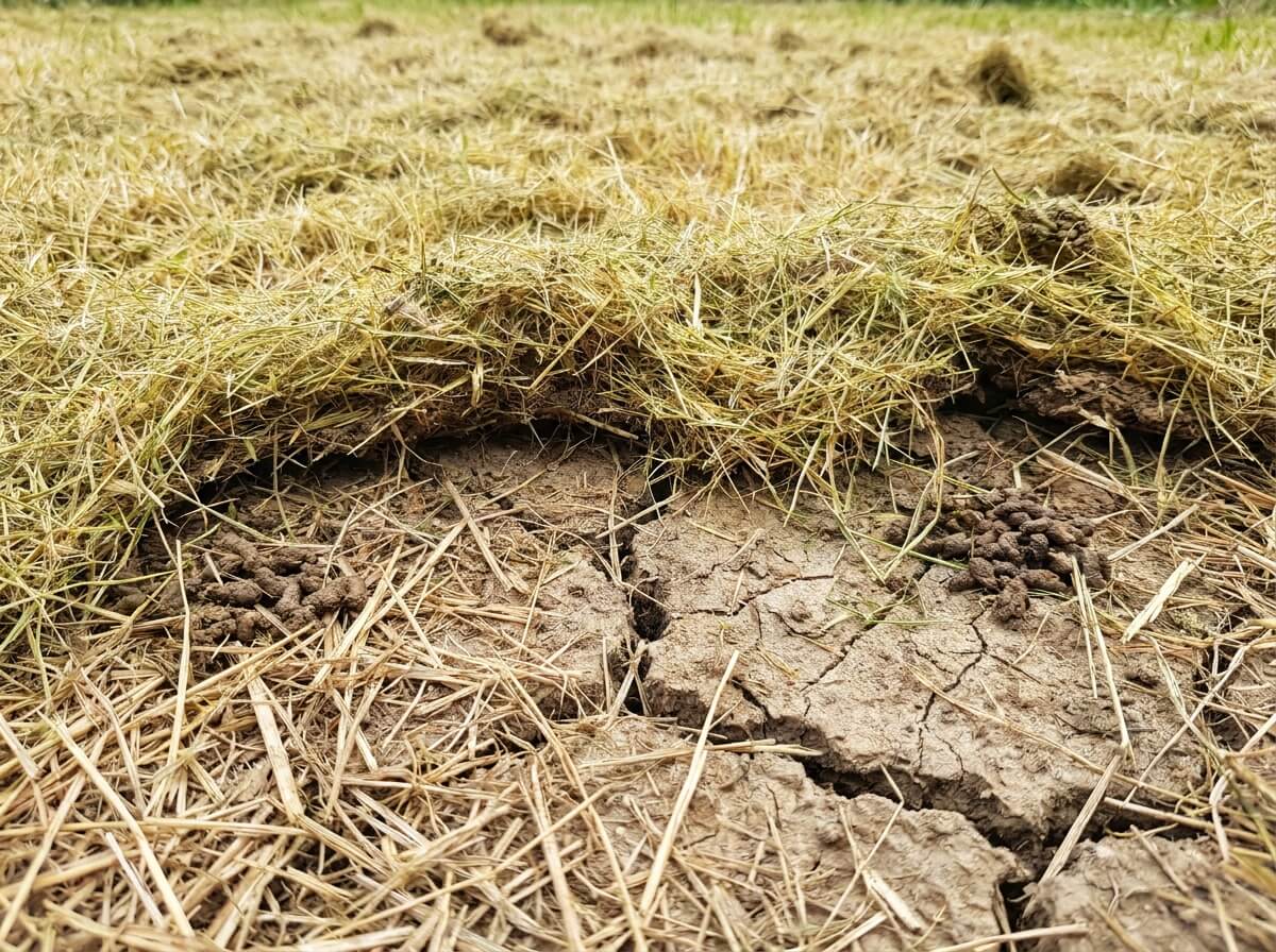 Tonte de gazon fraîche compactée en croûte jaunâtre sur un sol de potager fissuré