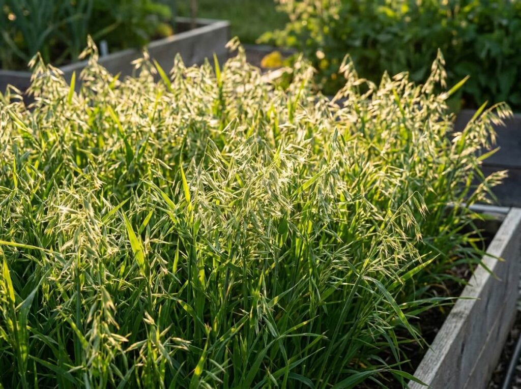Jeune avoine rude vert tendre couvrant une planche de potager en fin d'été, lumière dorée du soir
