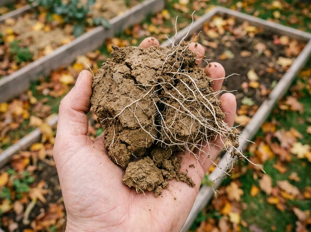 Motte de terre argileuse friable tenue en main, traversée de fines racines blanches d'avoine rude