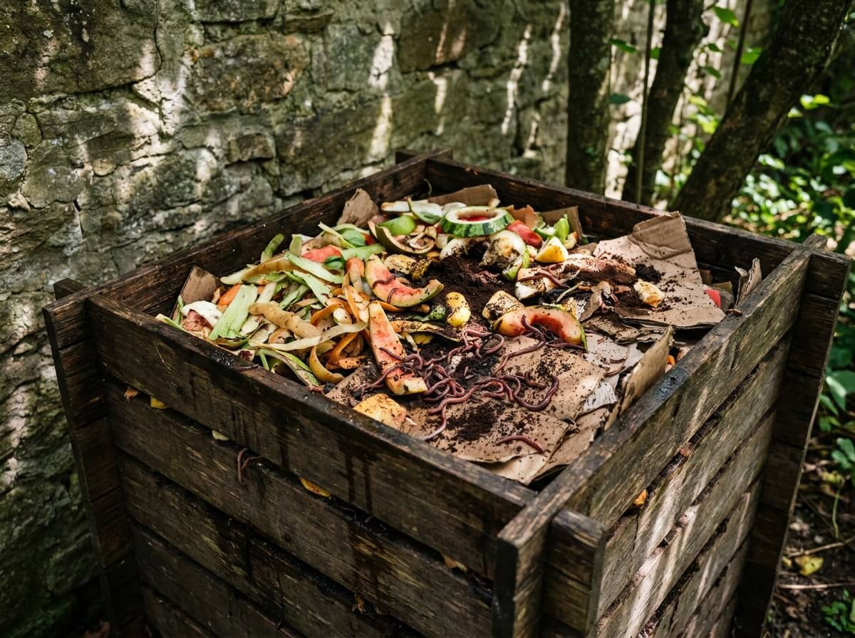 Lombricomposteur en bois placé à l'ombre d'un mur, entouré de déchets de cuisine épluchures légumes été