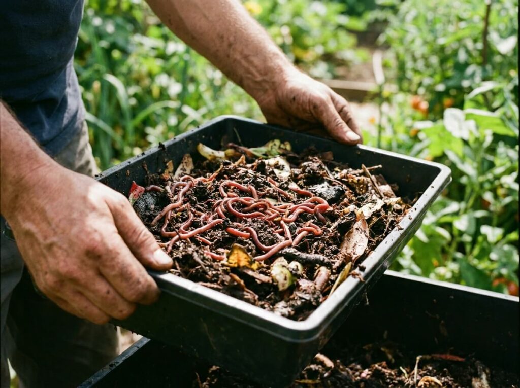 Mains de jardinier soulevant un plateau de lombricomposteur rempli de vers de terre rouges et de matière organique sombre en décomposition