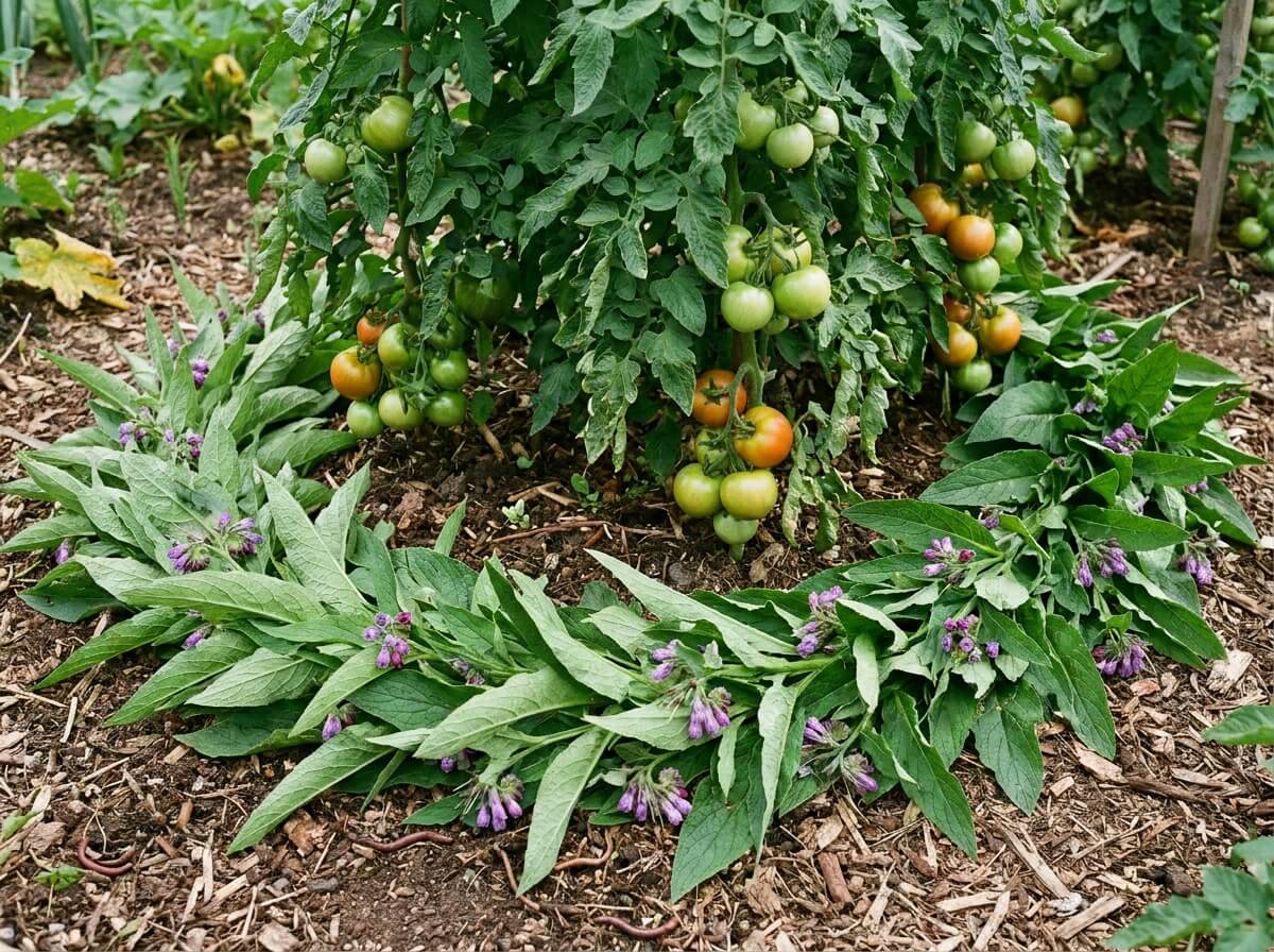 Feuilles de consoude fraîchement coupées étalées en couronne autour de plants de tomates généreux