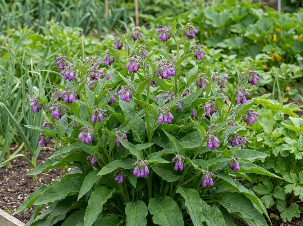 Touffe de consoude Bocking 14 aux clochettes violettes, larges feuilles vertes, au pied d'un potager luxuriant