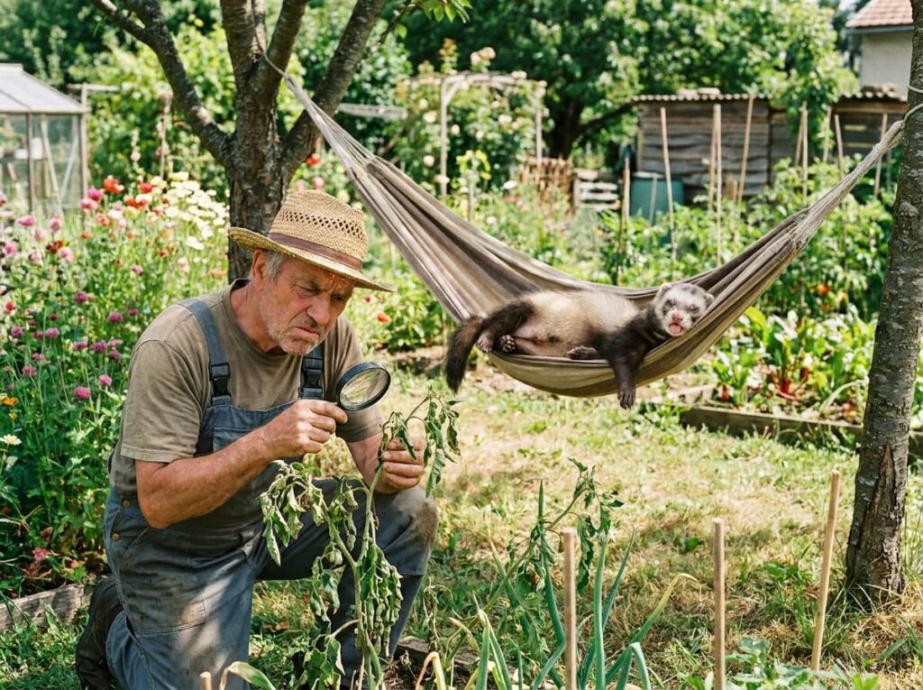 Furet putoisé endormi profondément, allongé sur le flanc dans son hamac par forte chaleur