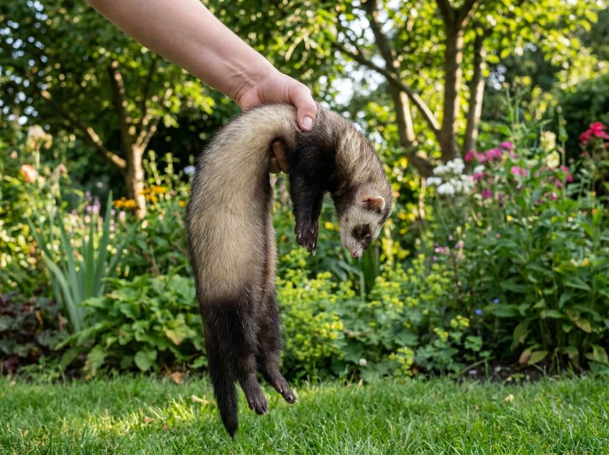 Main soulevant un furet en sommeil profond pour vérifier sa réactivité et sa température
