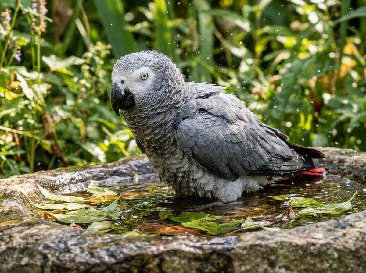 Gros plan sur un perroquet gris du Gabon se baignant dans un bac peu profond, plumes ébouriffées
