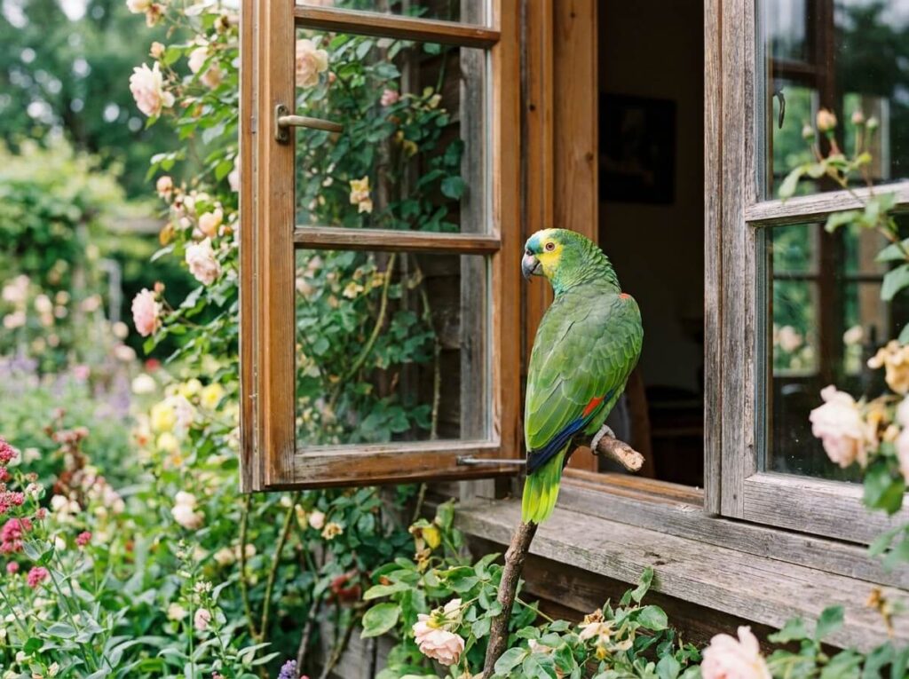 Perroquet amazone au plumage vert vif perché près d'une fenêtre ouverte en été, lumière naturelle douce