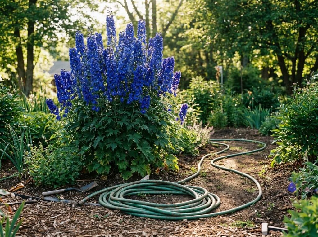 Tuyau d'arrosage vert posé au sol dessinant la courbe d'une future allée de jardin