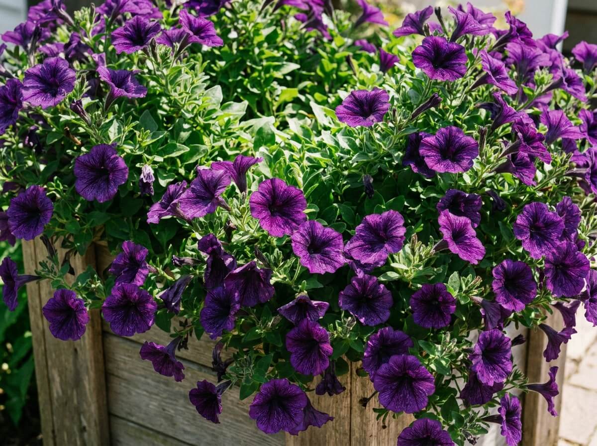Gros plan de fleurs violet foncé de Surfinia aux nervures sombres, feuillage vert dense en plein soleil