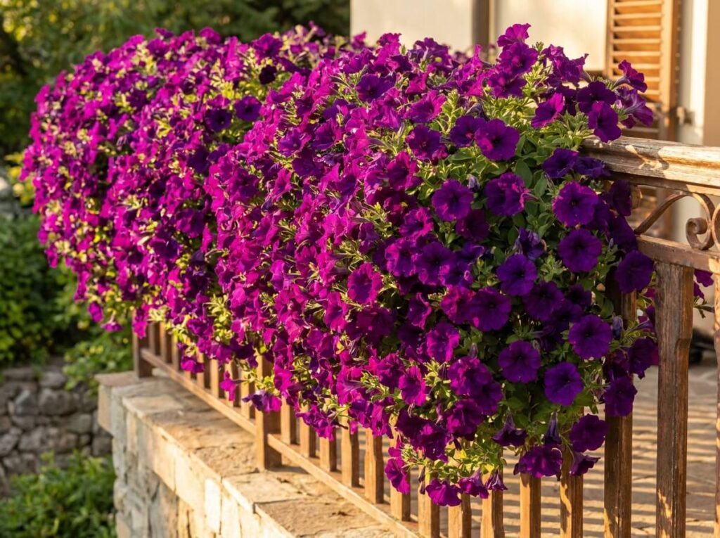Cascade de pétunias Surfinia violet foncé débordant d'une jardinière fleurie sur une rambarde ensoleillée