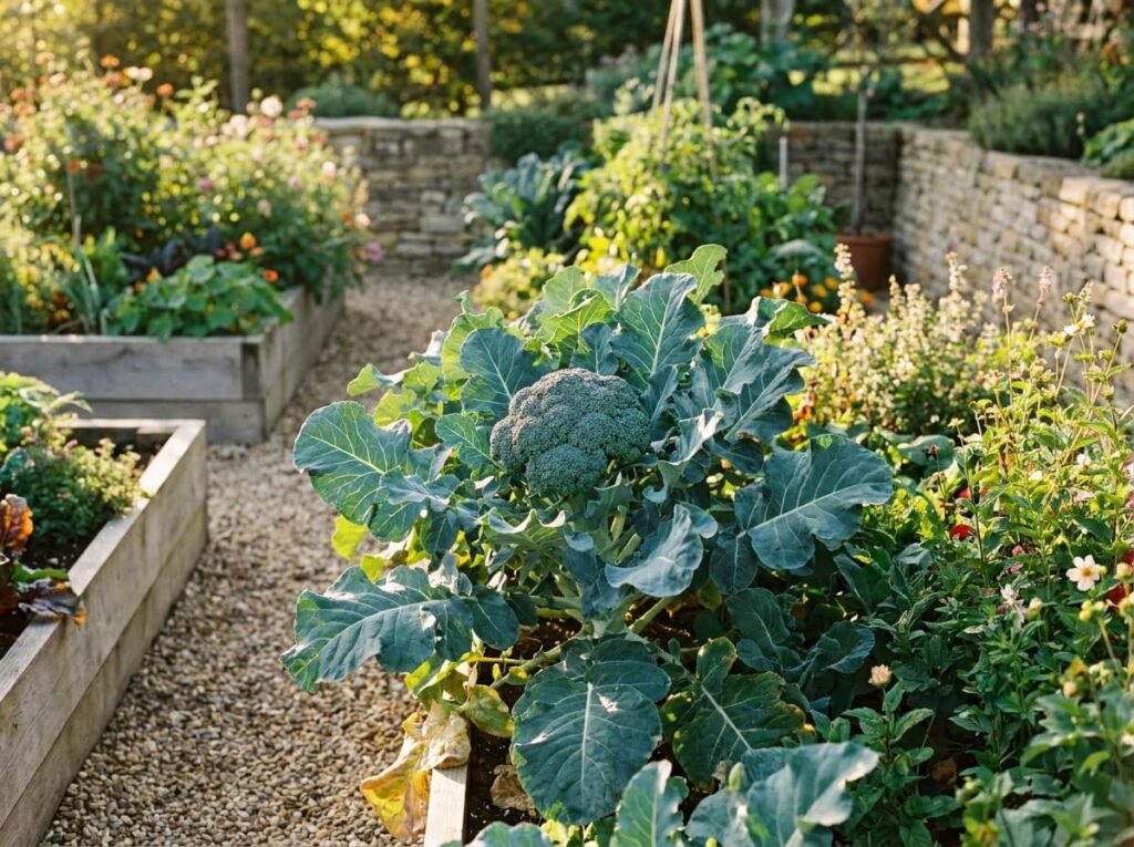 Belle pomme de brocoli bleu-vert dense au potager, feuillage vigoureux baigné de lumière dorée