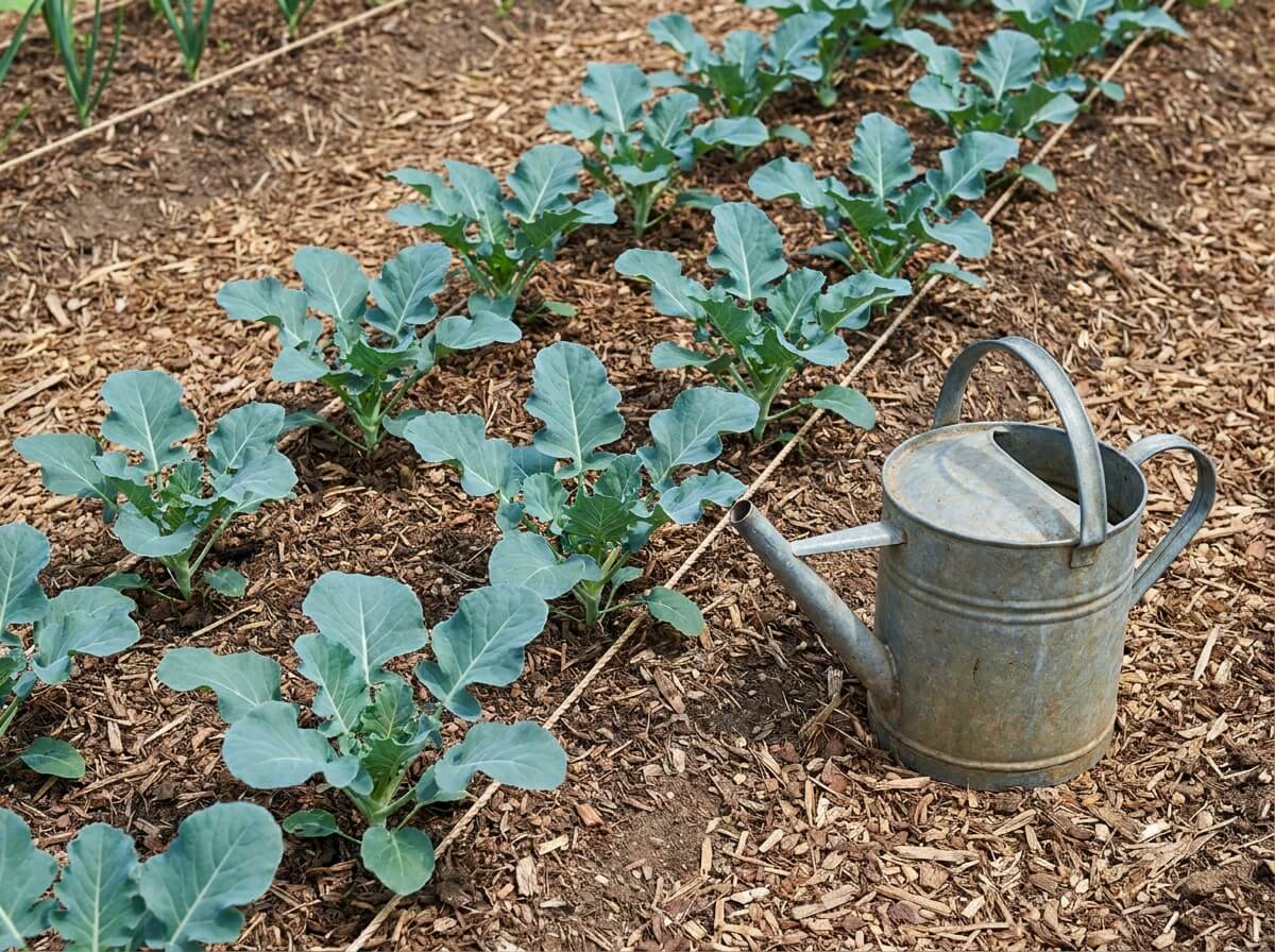 Jeunes plants de brocoli espacés au cordeau sur sol paillé, arrosoir posé à côté