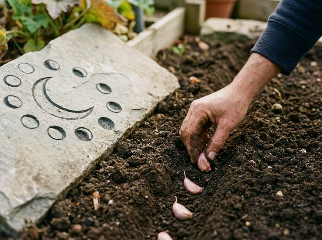 Main plantant des gousses d'ail en ligne dans une planche de potager préparée à l'automne