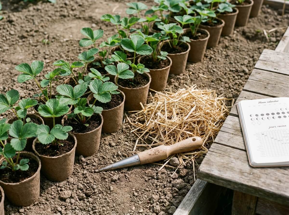 Fraisiers en godets alignés au sol avant plantation, avec paillis et plantoir posés à côté