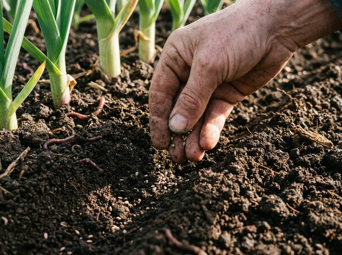 Main de jardinier semant des graines de poireau en ligne dans un sol préparé