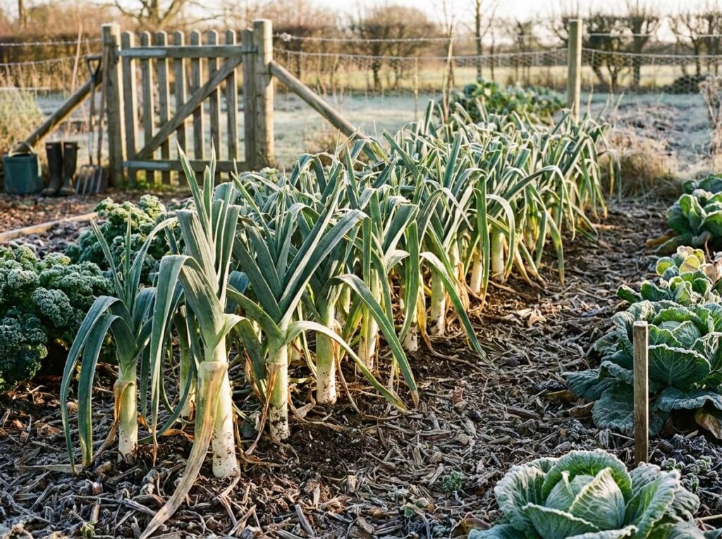 Rangée de poireaux aux tiges épaisses et vertes dans un potager d'hiver ensoleillé