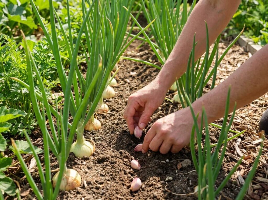 Mains plantant des caïeux d'ail entre des rangs d'oignons dans une planche de potager en été