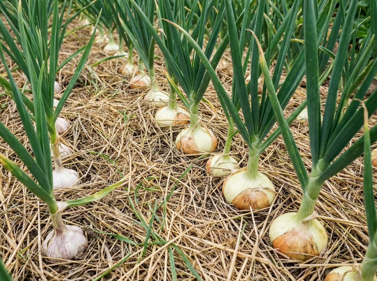 Rangs alternés d'ail et d'oignon avec bulbes en formation sous un paillage léger