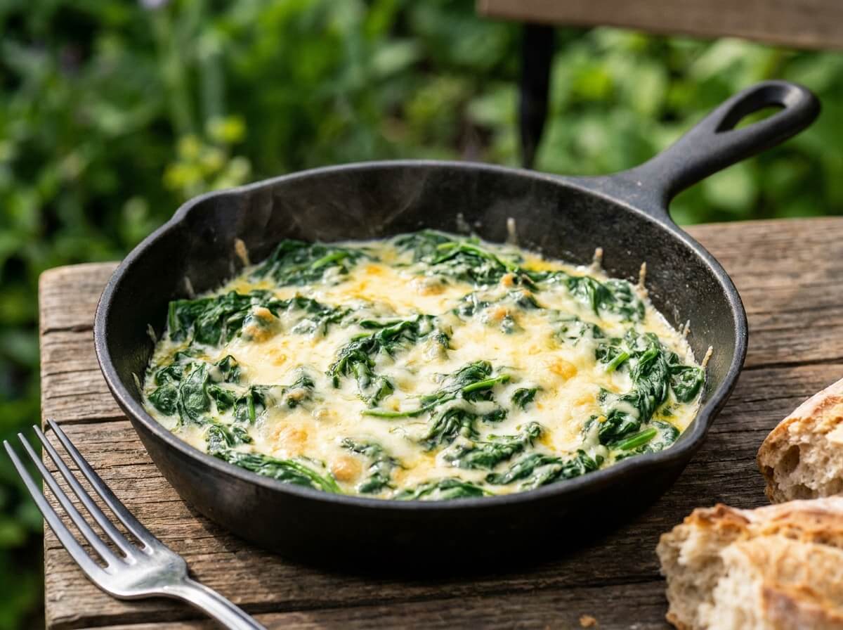 Épinards fondants nappés de crème et de parmesan dans une poêle en fonte, assiette appétissante