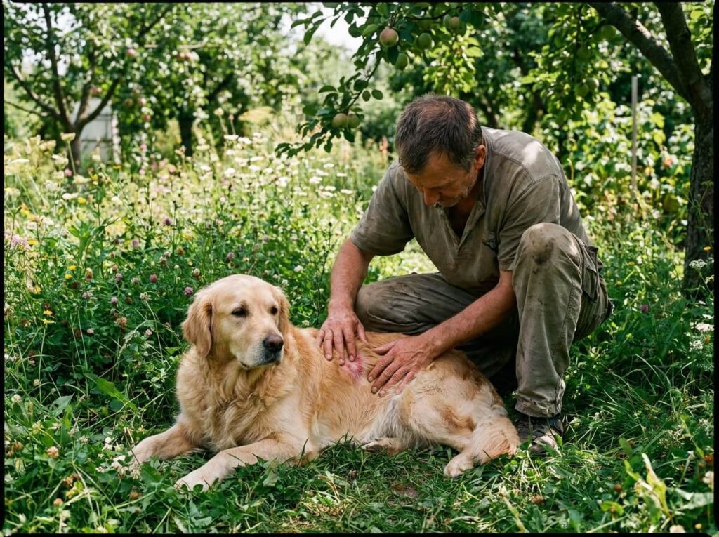 Golden retriever couché à l'ombre dans un jardin d'été, son maître inspectant la peau de son flanc