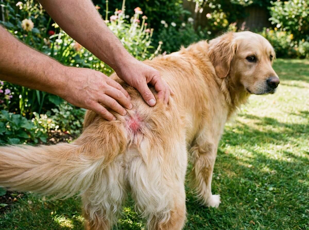 Mains écartant les poils d'un chien pour examiner une rougeur cutanée sur la base de la queue