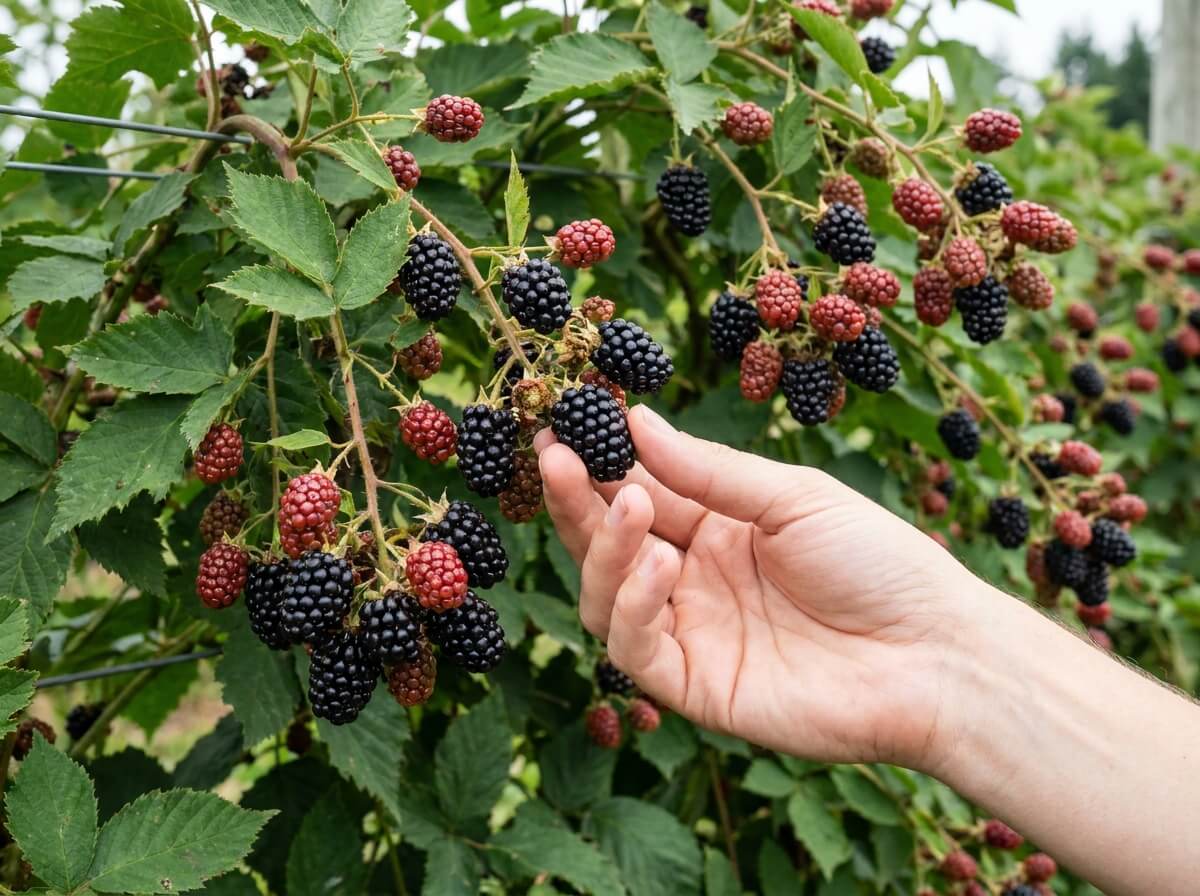 Main cueillant une grosse mûre mûre sur une branche sans épines chargée de fruits