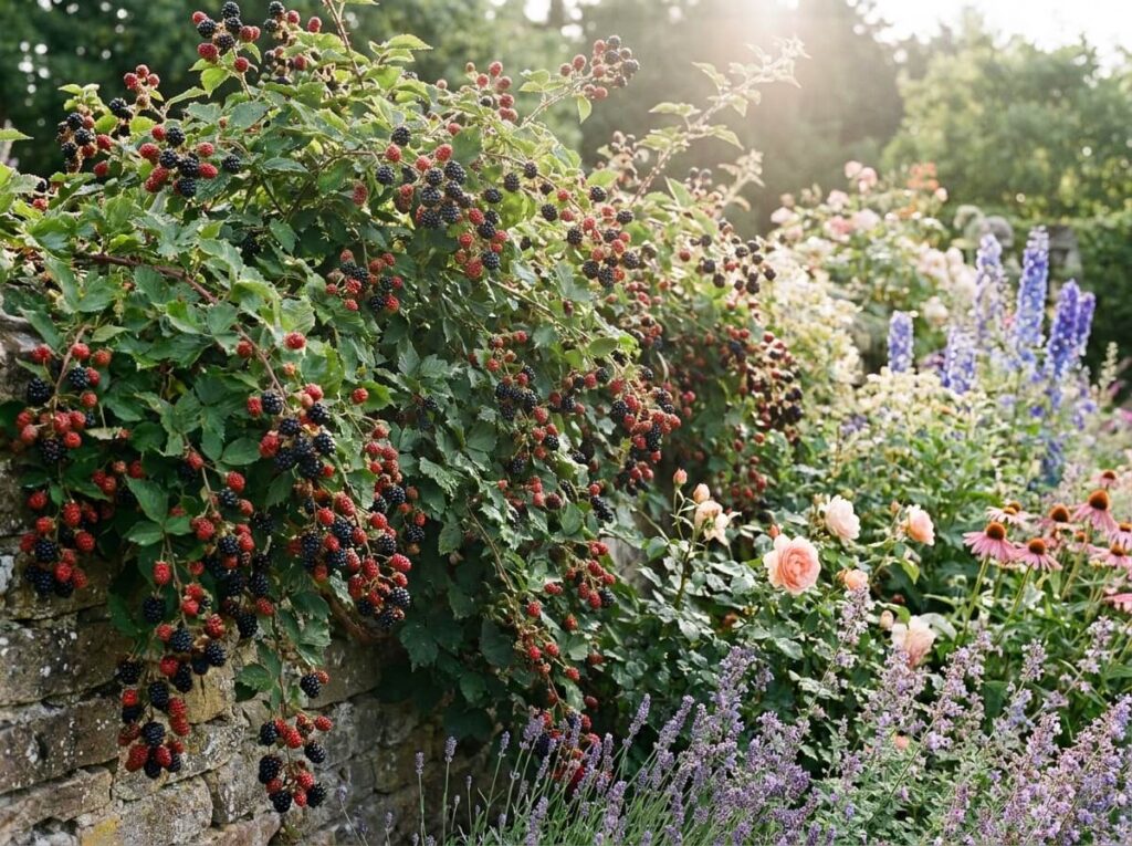 Grappes de mûres noires brillantes et rouges sur un mûrier palissé en plein soleil d'été